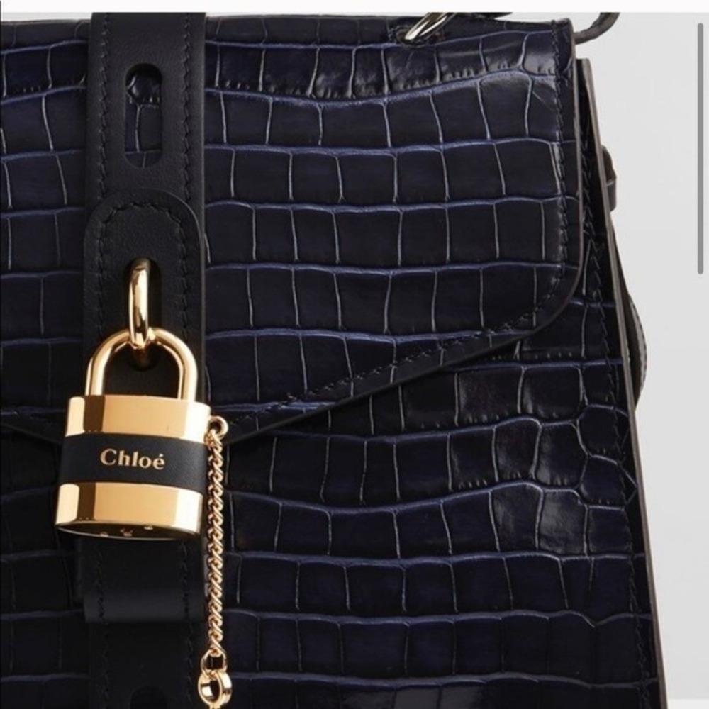 Chloe Aby Day Bag Navy Blue Croc Embossed Leather Top Handle Satchel Medium - Picture 3 of 8